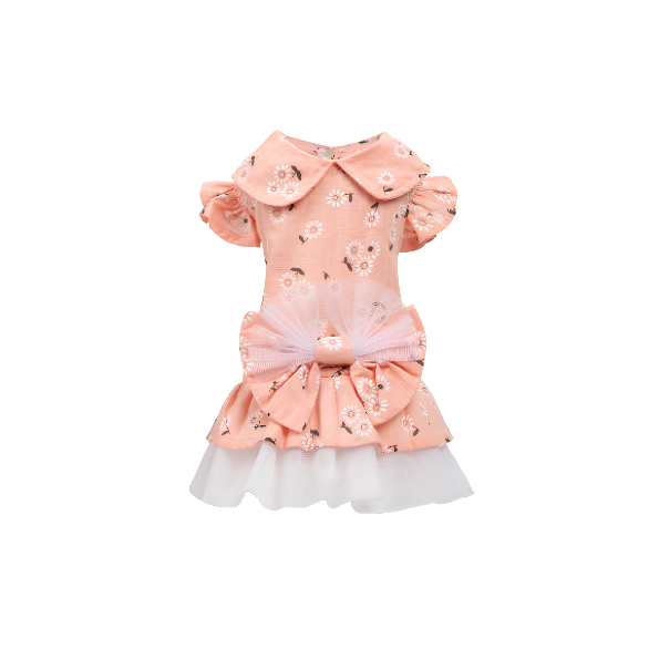 Robe Florale en Tulle avec Col Claudine & Nœud
