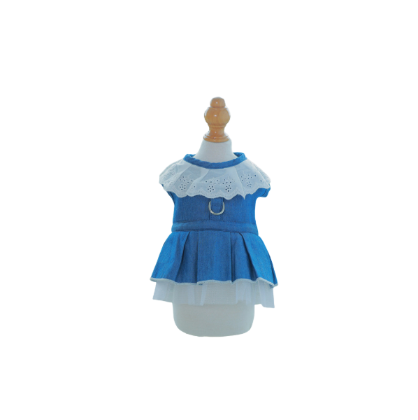 Robe-Harnais en Jean avec Col Dentelle Brodé